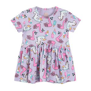 Short sleeve dress with flamingos and unicorns