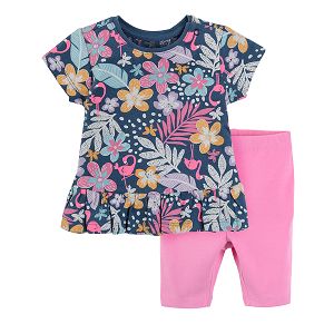 Short sleeve boouse with tropical leaves and pink leggings clothing set