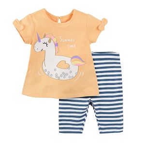 Short sleeve blouse with unicorn floaties and striped leggings clothing set