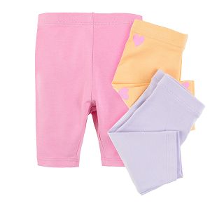 Pink violet yellow with hearhts leggings 3-pack