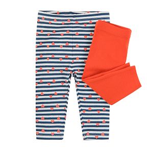 Orange and white and blue stripes with hearts print leggings 2-pack