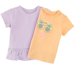 Violet and orange with glasses print short sleeve blouses 2-pack