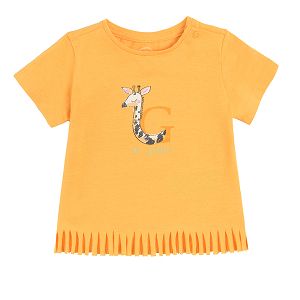 Yellow short sleeve blouse with fringes and giraffe print