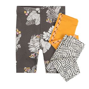 Grey with tropical leaves yellow and black and white leggings 3-pack