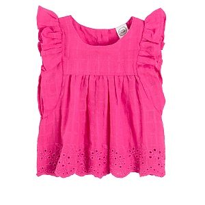 Fuchsia sleeveless blouse with ruffles on the sleeves