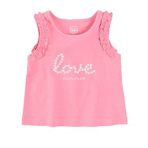Pink sleeveless blouse with ruffle and love print