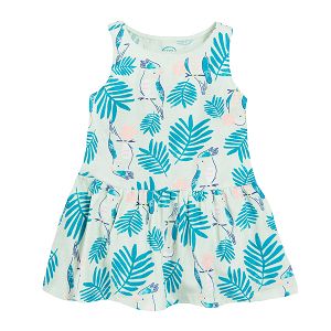 White sleeveless dress with tropic birds and leaves