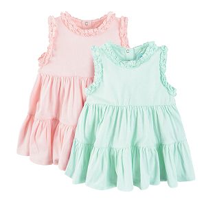 Pink and light green dresses with ruffles on sleeve and the neckline 2-pack