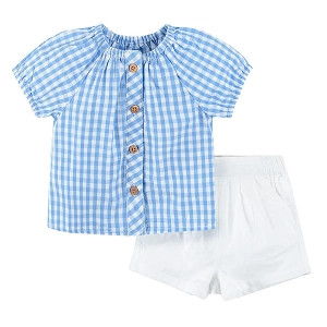 White and blue cheked short sleeve shirt and white shorts set