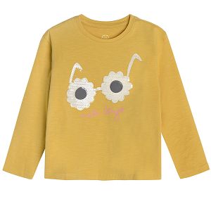 Yellow long sleeve blouse with glasses print