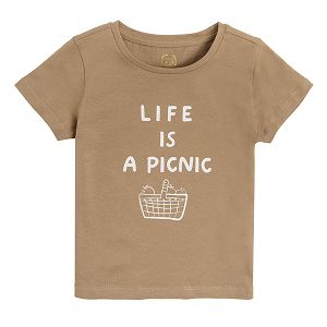Brown short sleeve blouse life is a picnic print