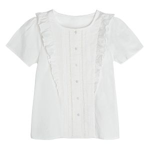 White short sleeve blouse with ruffle and buttons