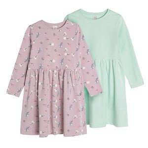 Green and purple with flowers long sleeve dresses 2-pack
