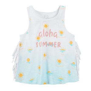 Sleeveless blouse with fringes and suns print  ALOHA SUMMER