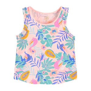 Pink sleeveless T-shirt with ruffles and exotic leaves