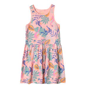 Sleeveless summer dress with tropical leaves print