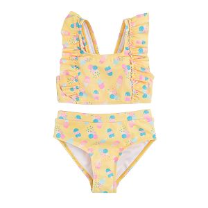 Yellow bikini swimming suit with ruffle and ice cream prints