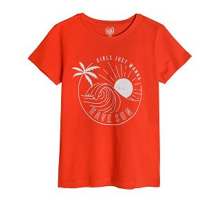 Red short sleeve blouse with GIRLS JUST WANNA HAVE SUN print