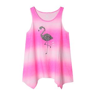 Fuchsia sleeveless blouse with interactive sequin flamingo print