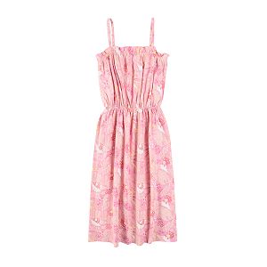 Φόρεμα ροζ με τιράντες και σχέδια φύλλα