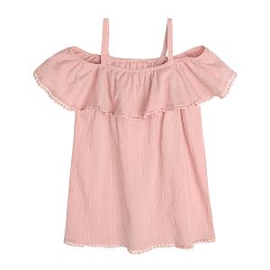 Pink short sleeve blouse with staps and boat neckline