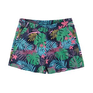Blue shorts with mix color print troplical leaves