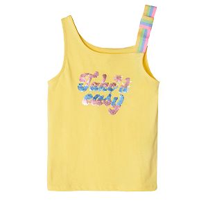 Yellow sleeveless blouse with suspenders and Take it easy sequin print
