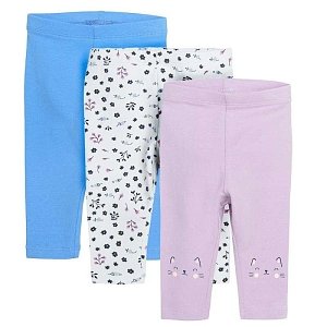 Blue white with floral and purple with cat print leggings 3 pack
