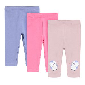 Pink dusty pink and purple with penguin print leggings 3 pack