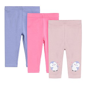 Pink dusty pink and purple with penguin print leggings 3 pack