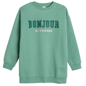 Φούτερ πράσινο με στάμπα "bonjour my friends"