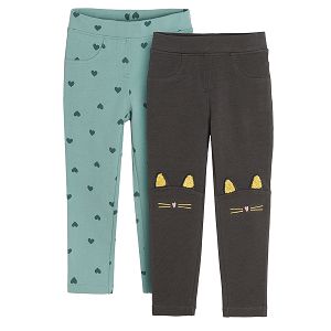 Green with hearts and black with cat embroidered on knees jeggings 2 pack