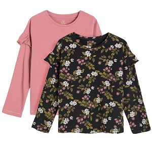 Pink monochrome and blue floral long sleeve blouses with ruffles on shoulders 2 pack