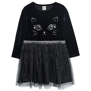 Φόρεμα μακρυμάνικο μαύρο βελουτέ με στάμπα γάτα και τούλινη πουά φούστα