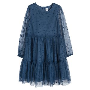 Φόρεμα μακρυμάνικο μπλε πουά με τούλι