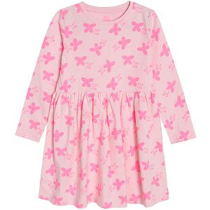 Φόρεμα μακρυμάνικο ροζ με στάμπα πεταλούδες