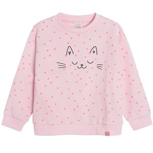 Pink polka dot sweatshirt with kitten print