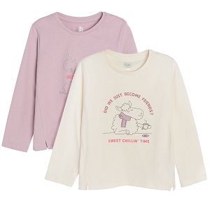 White and dusty pink long sleeve blouses with sheep print 2 pack