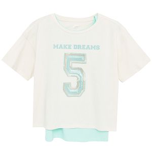 Μπλούζα κοντόμανικη διπλή λευκό πράσινο με στάμπα Make dreams 5