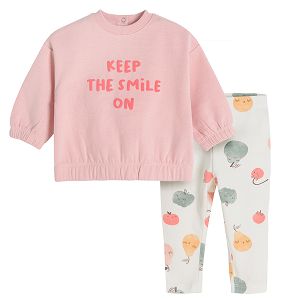 Long sleeve blouse and pants set pink blouse and fruit pattern pants