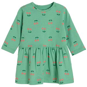 Φόρεμα μακρυμάνικο πράσινο με στάμπα κερασάκια
