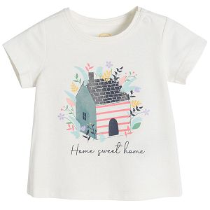 White short sleeve t-shirt with a country house print
