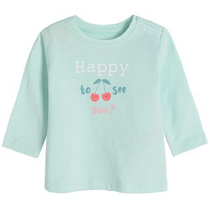 Light blue long sleeve blouse with "Hapy to see you" print and cherries