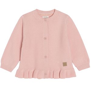 Light pink cardigan with two buttons and ruffle at the bottom