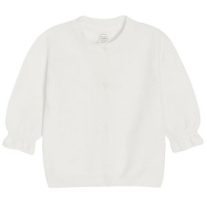 White button down cardigan with raffle at the end of the sleeves