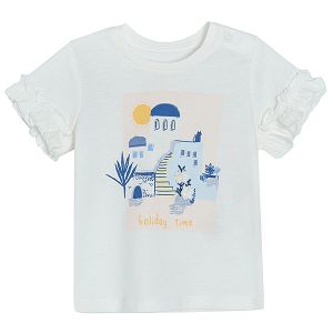Cream short sleeve T-shirt with summer village print