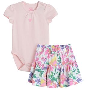 Light pink short sleeve t-shirt and floral skirt set