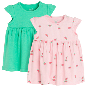Green and pink with watermelons print short sleeve dress- 2 pack