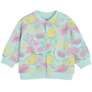 Light green zip through sweatshirt with watermelons and lemons print