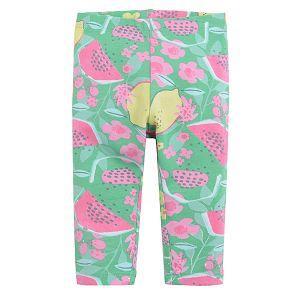 Green leggings with summer fruit and flowers print